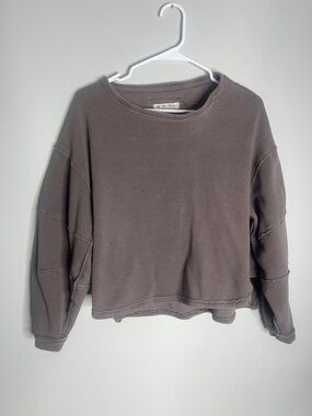 We The Free Cropped Ribbed Sweatshirt in Taupe Brown